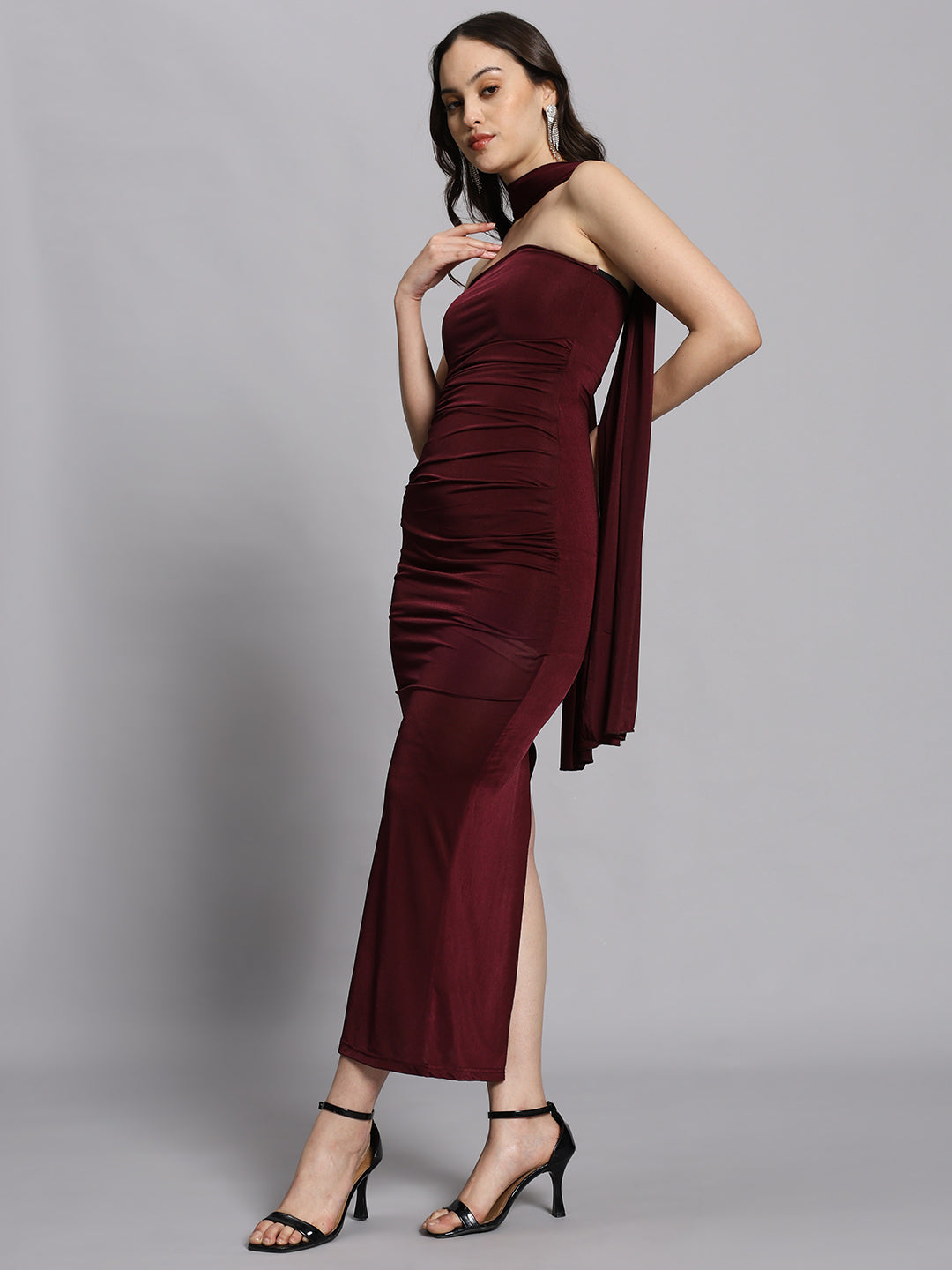 Midnight Merlot Ruched Maxi with Attached Choker Drape