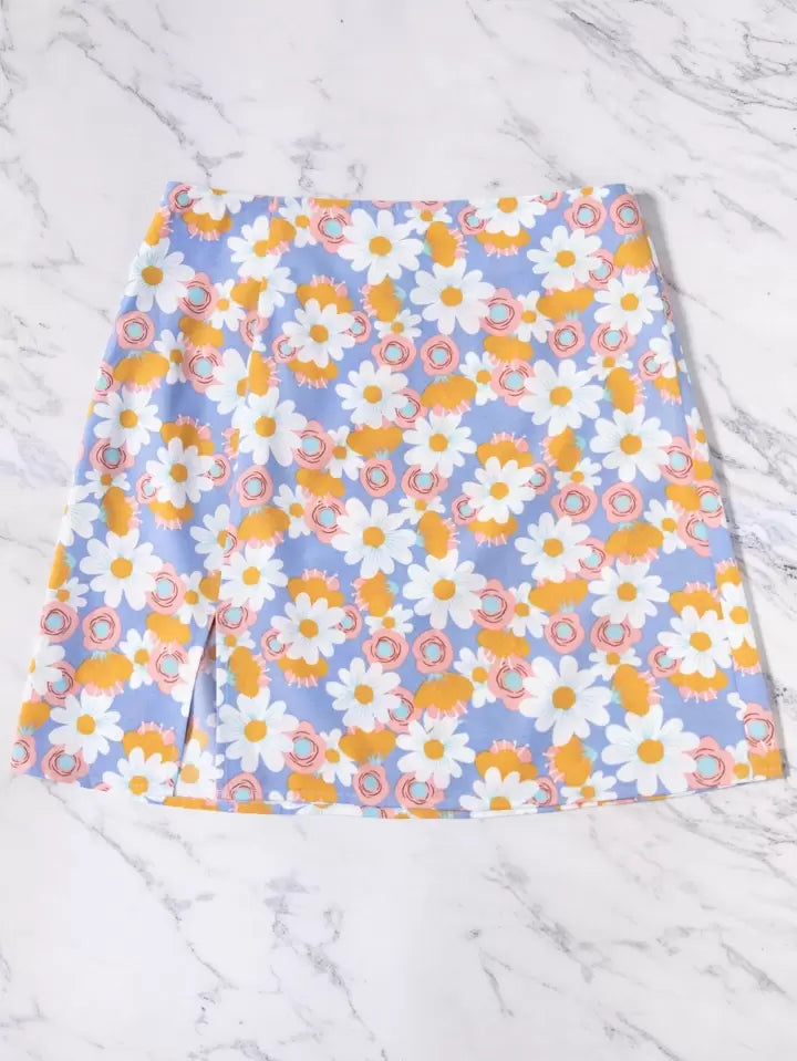 Floral Split Hem Zipper Skirt