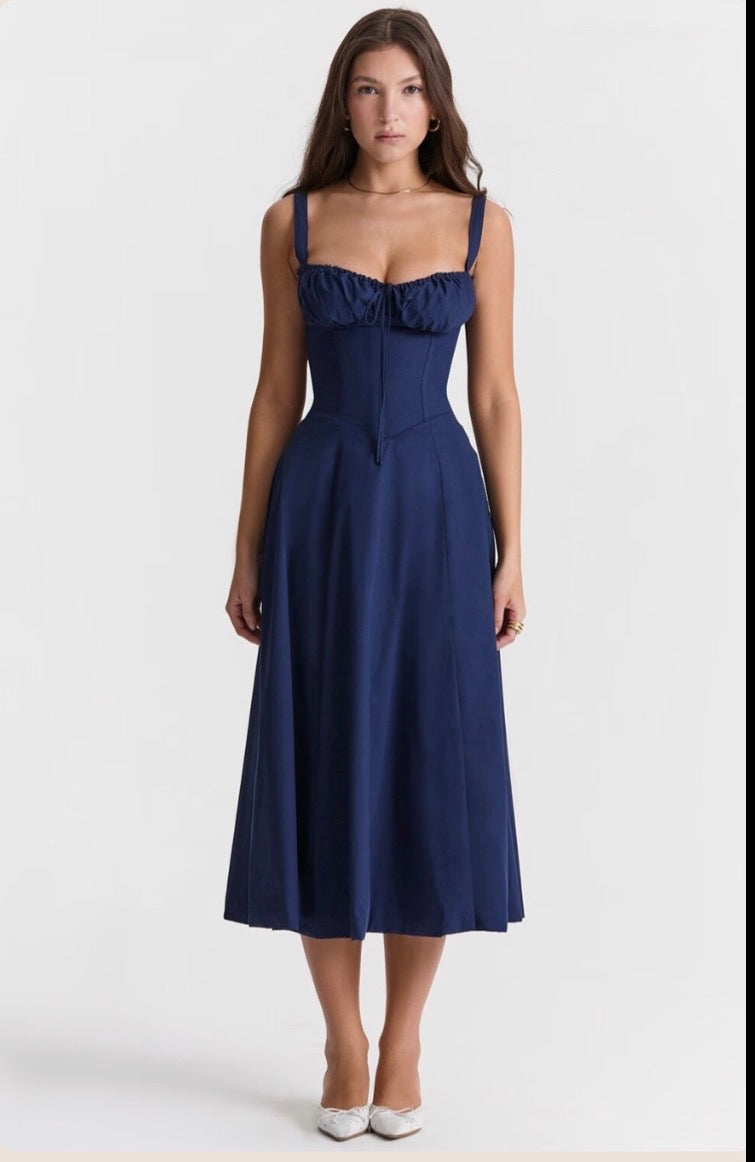 Midnight Navy Corset Midi Dress with Ruched Bust and Thigh Slit