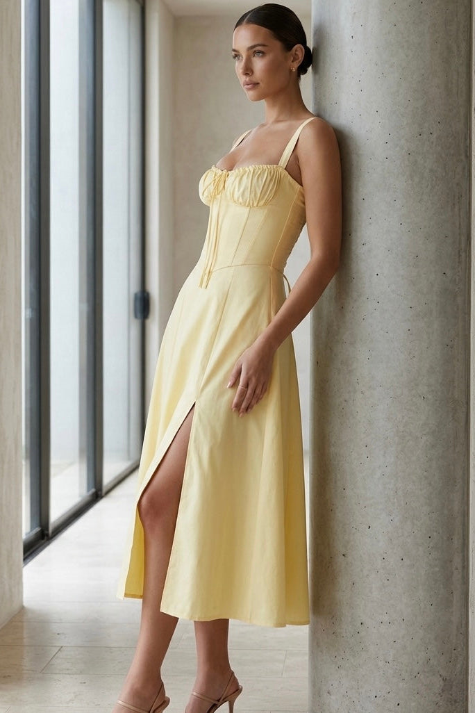 🔥Selling Fast- Limoncello Corset Midi Dress with Ruched Bust & Thigh Slit
