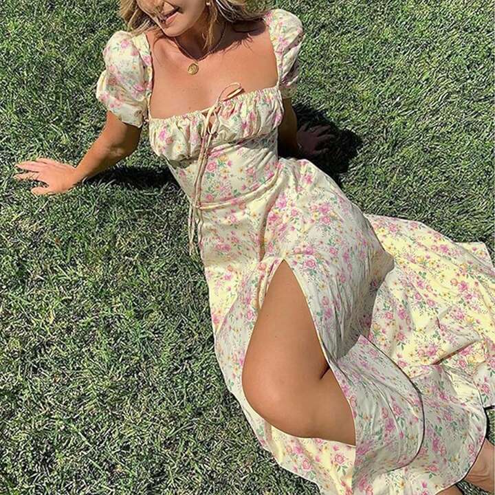 Summer Puff Sleeve Floral Split Maxi Dress - Yellow