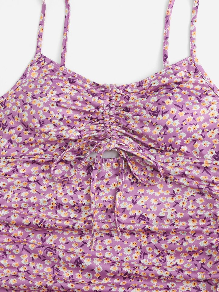 Cut Out Drawstring Knot Front Ditsy Floral Slip Dress in Pink