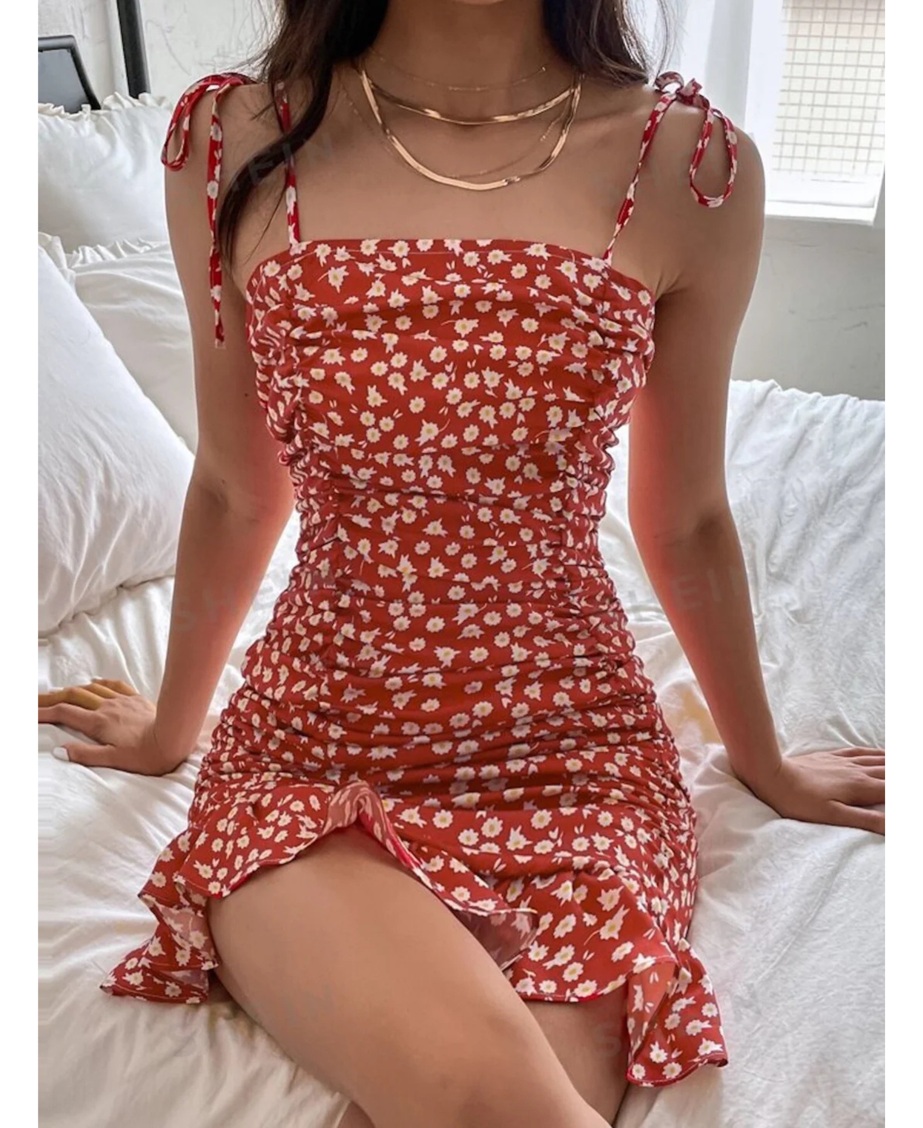 Ditsy Floral Tie Shoulder Ruched Dress - Clothes and You