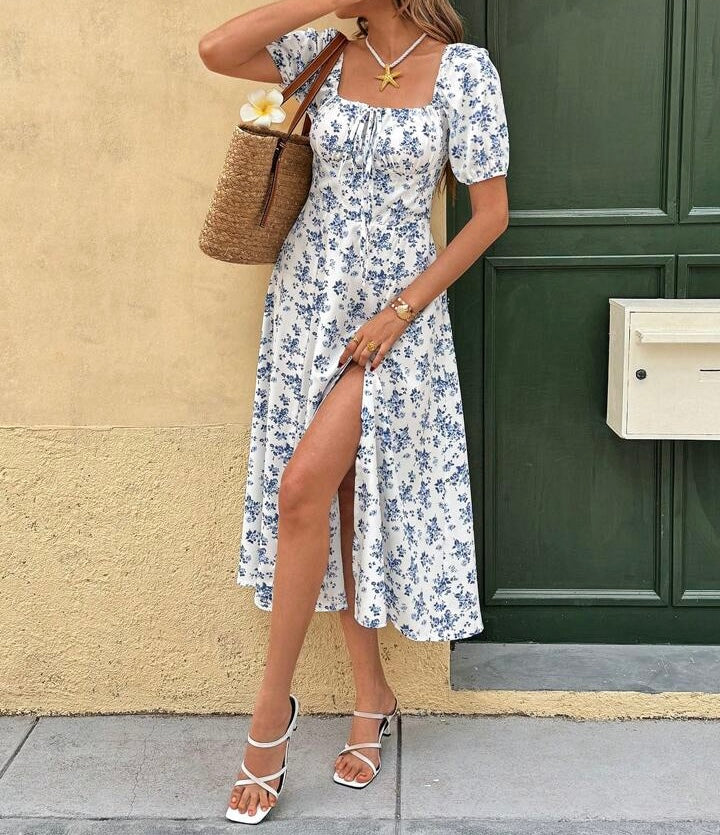 Summer Puff Sleeve Floral Split Maxi Dress - White