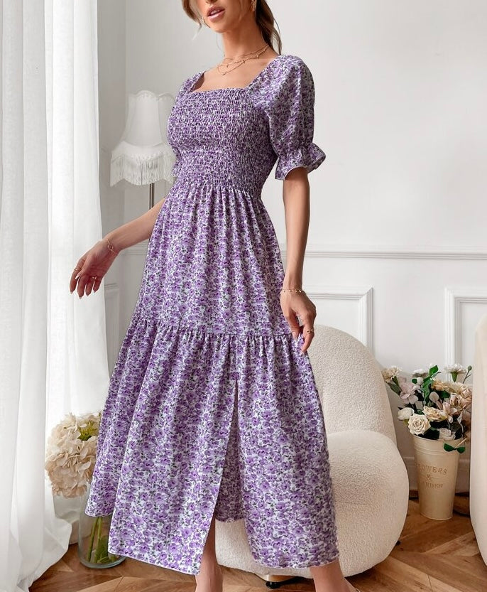 Allover Floral Print Shirred Puff Sleeve Square Neck Split Thigh Dress