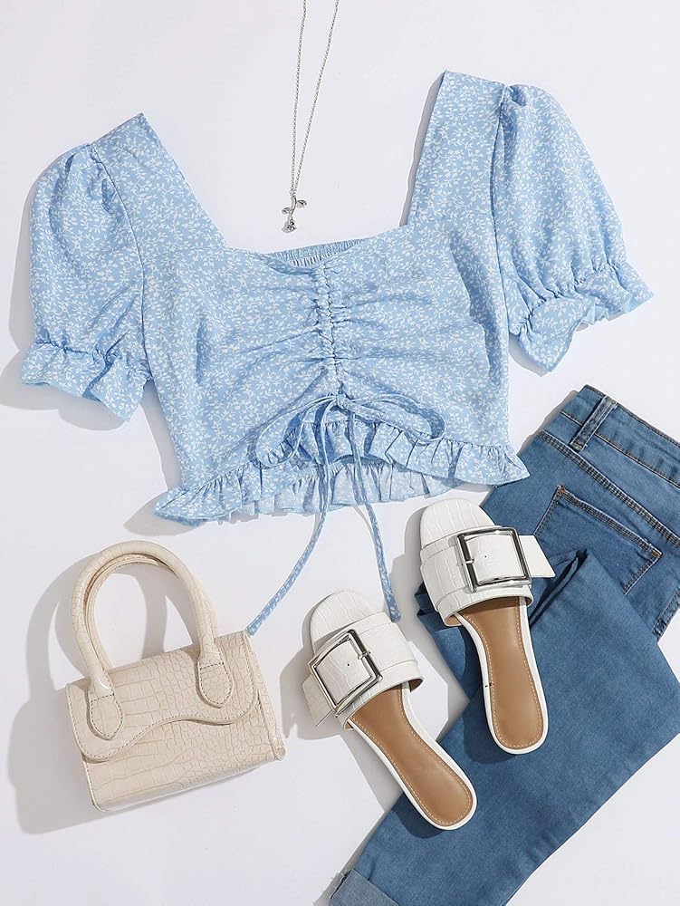 Ditsy Floral Shirred Back Drawstring Ruched  Top in Blue