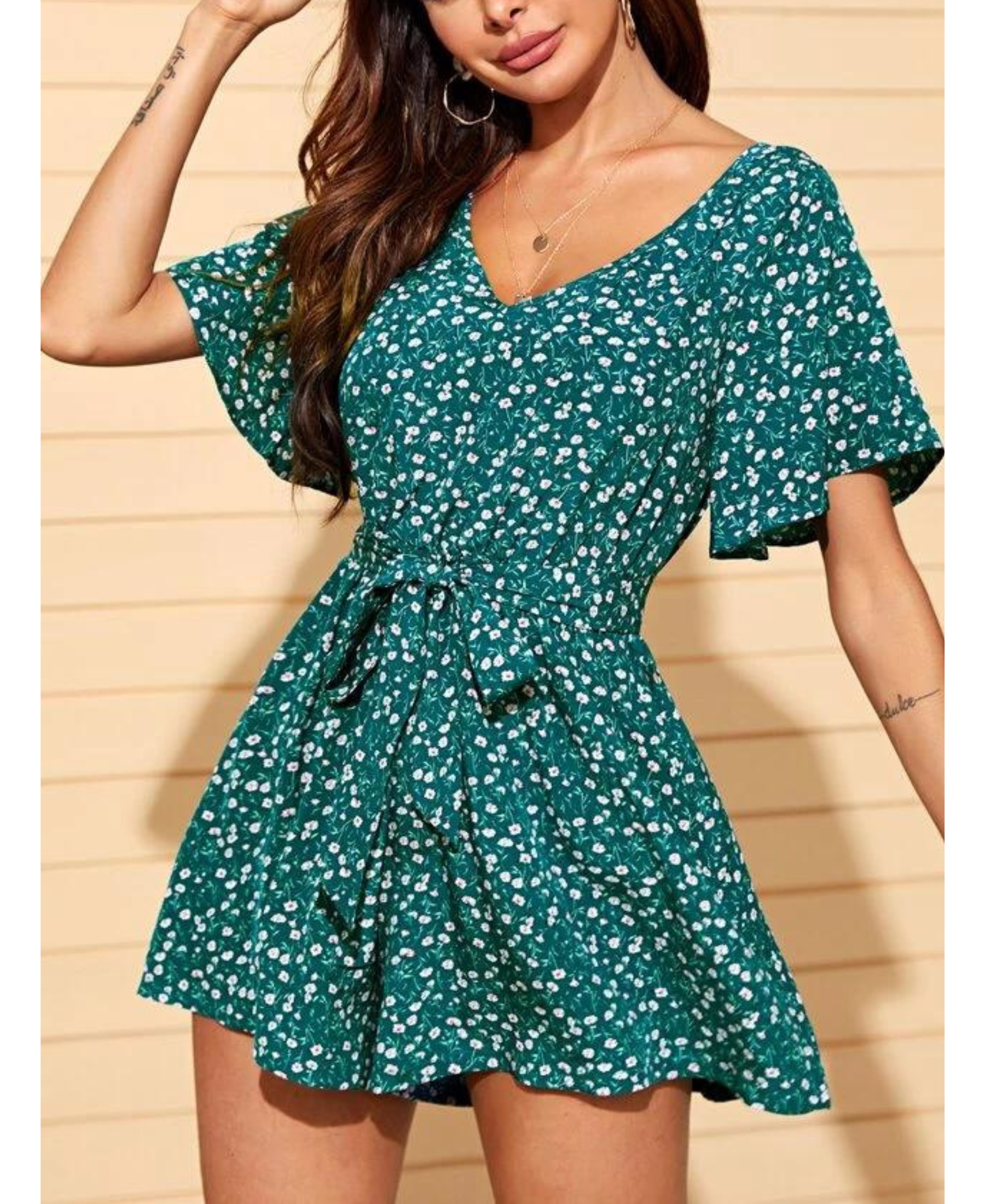 Clothes and You Flutter Sleeve Belted Ditsy Floral Romper