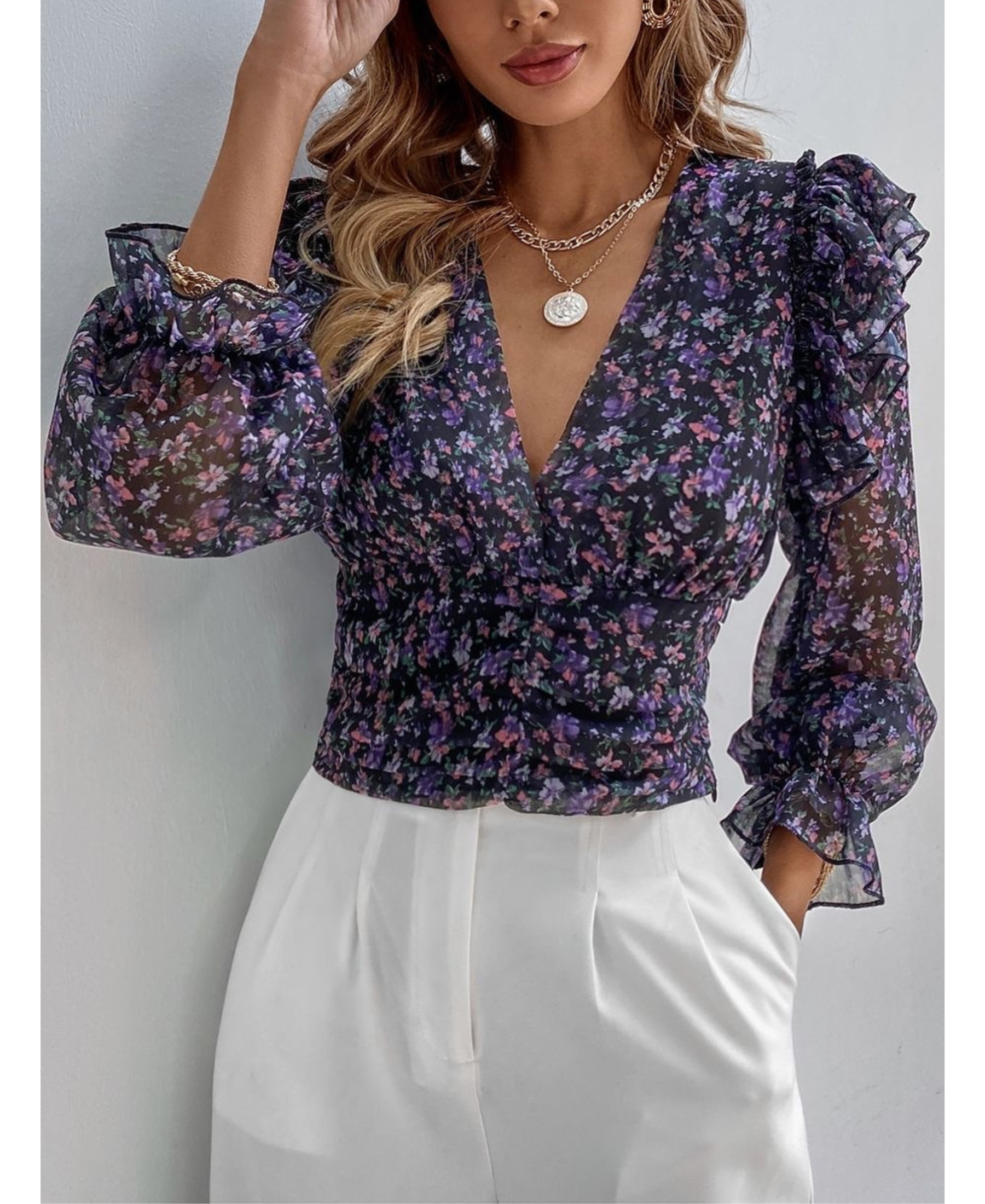 Clothes and You Floral Print Ruffle Trim Top