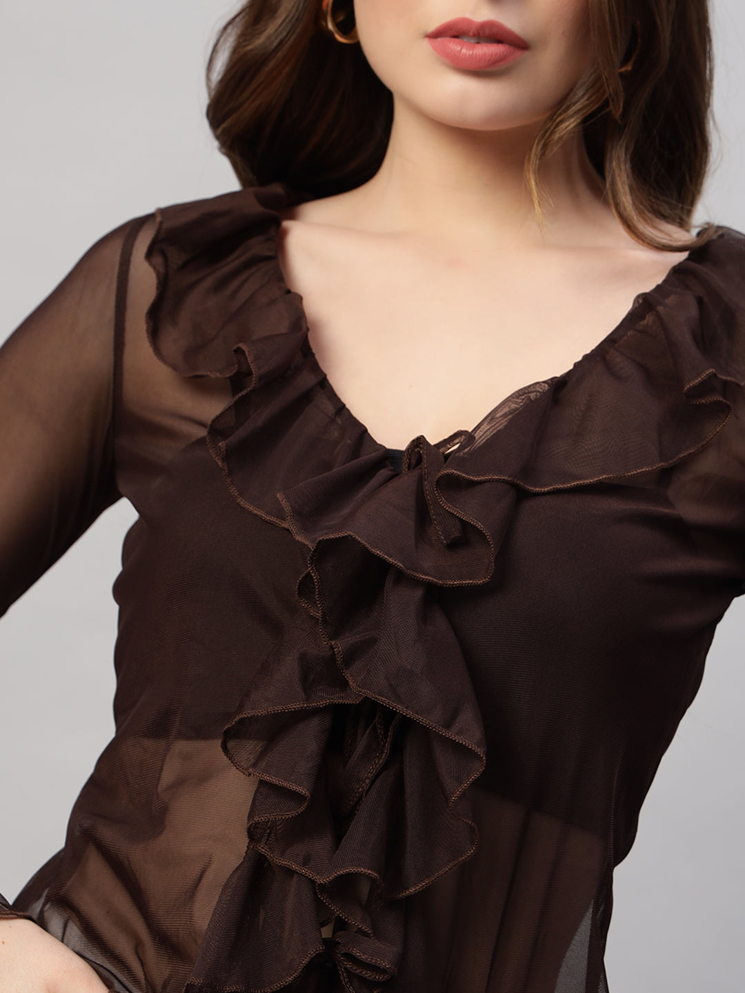 Chic Sheer Ruffle Blouse – Chocolate Brown