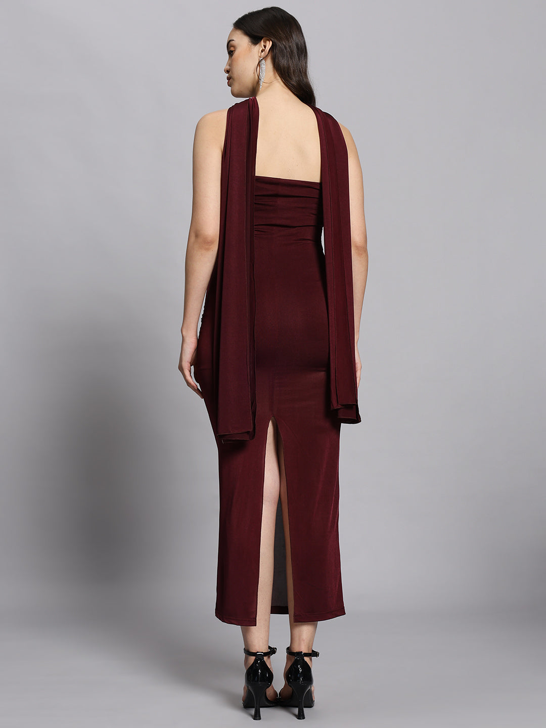Midnight Merlot Ruched Maxi with Attached Choker Drape