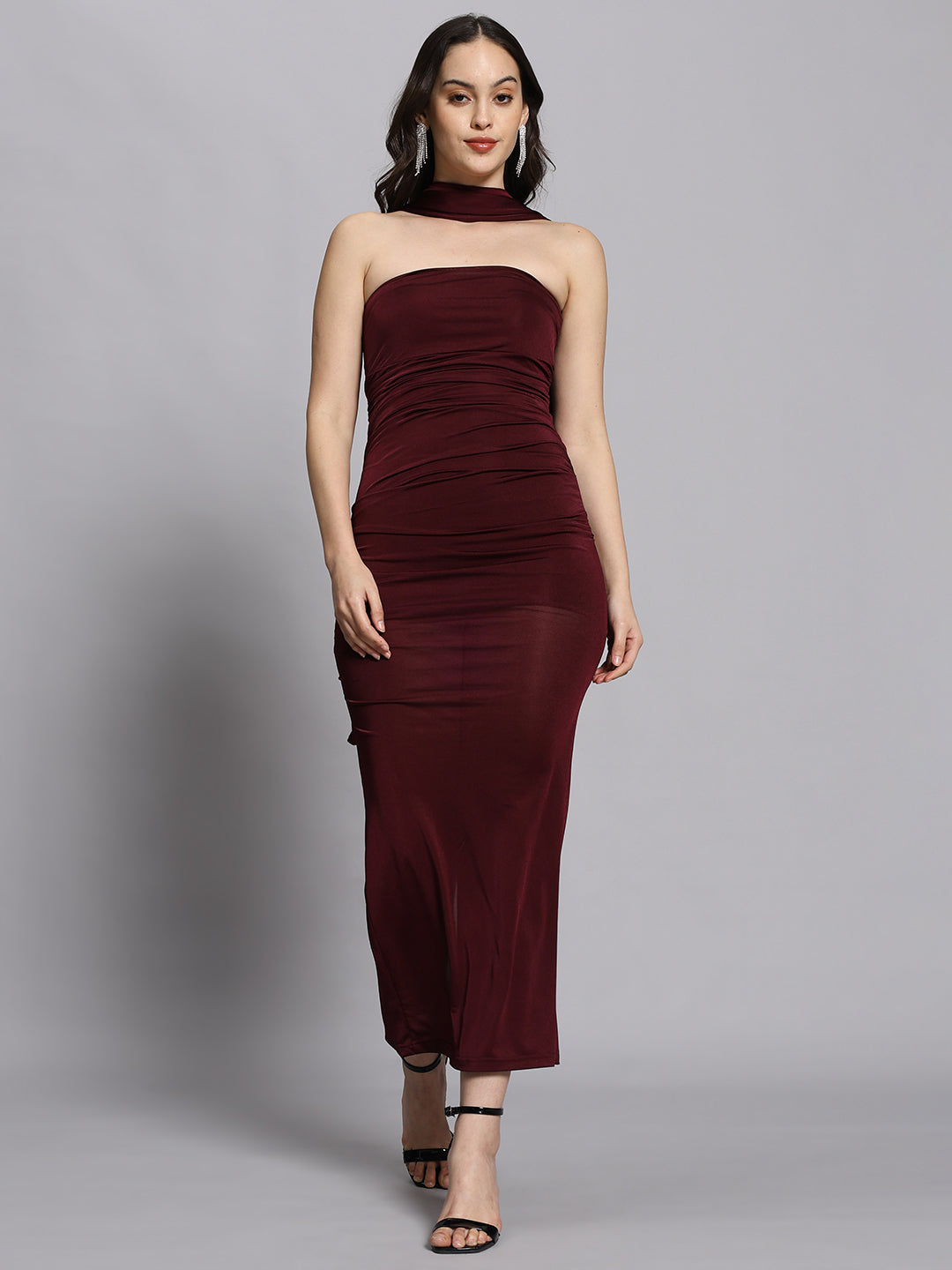 Midnight Merlot Ruched Maxi with Attached Choker Drape