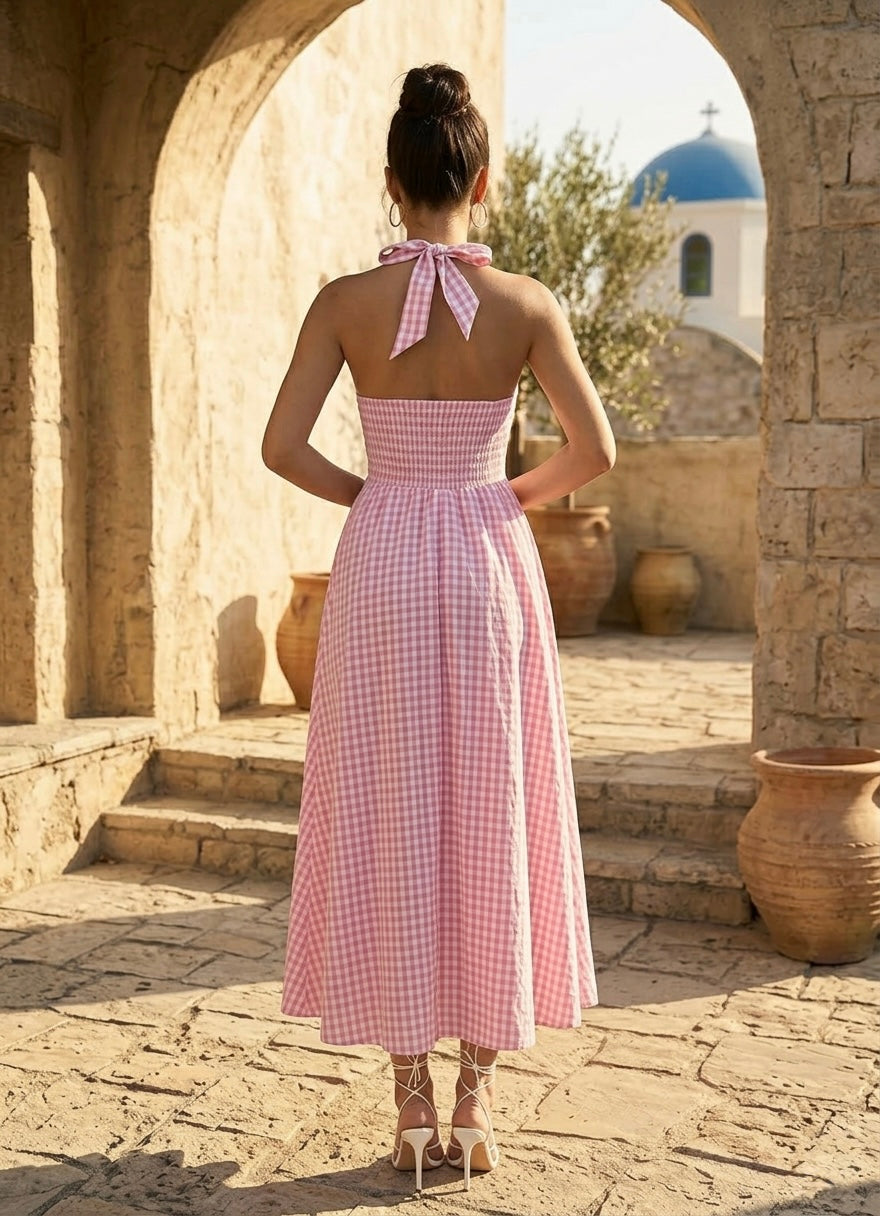 Rosie Pink Gingham Halter Neck Midi Dress