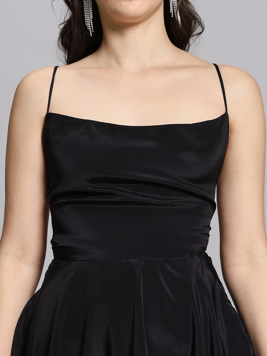 The Midnight Tiered Satin Mini Dress – Open Back Cowl Neck