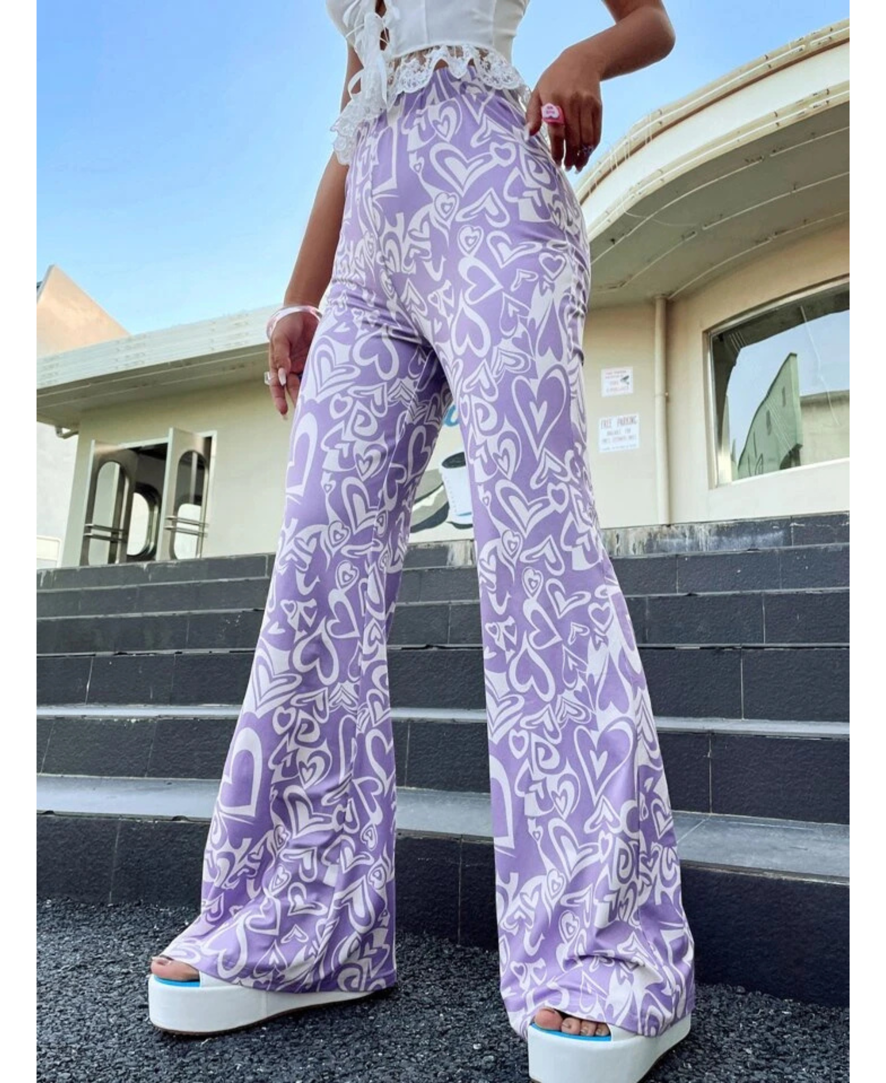 Clothes and You Heart Print Flare Leg Pants
