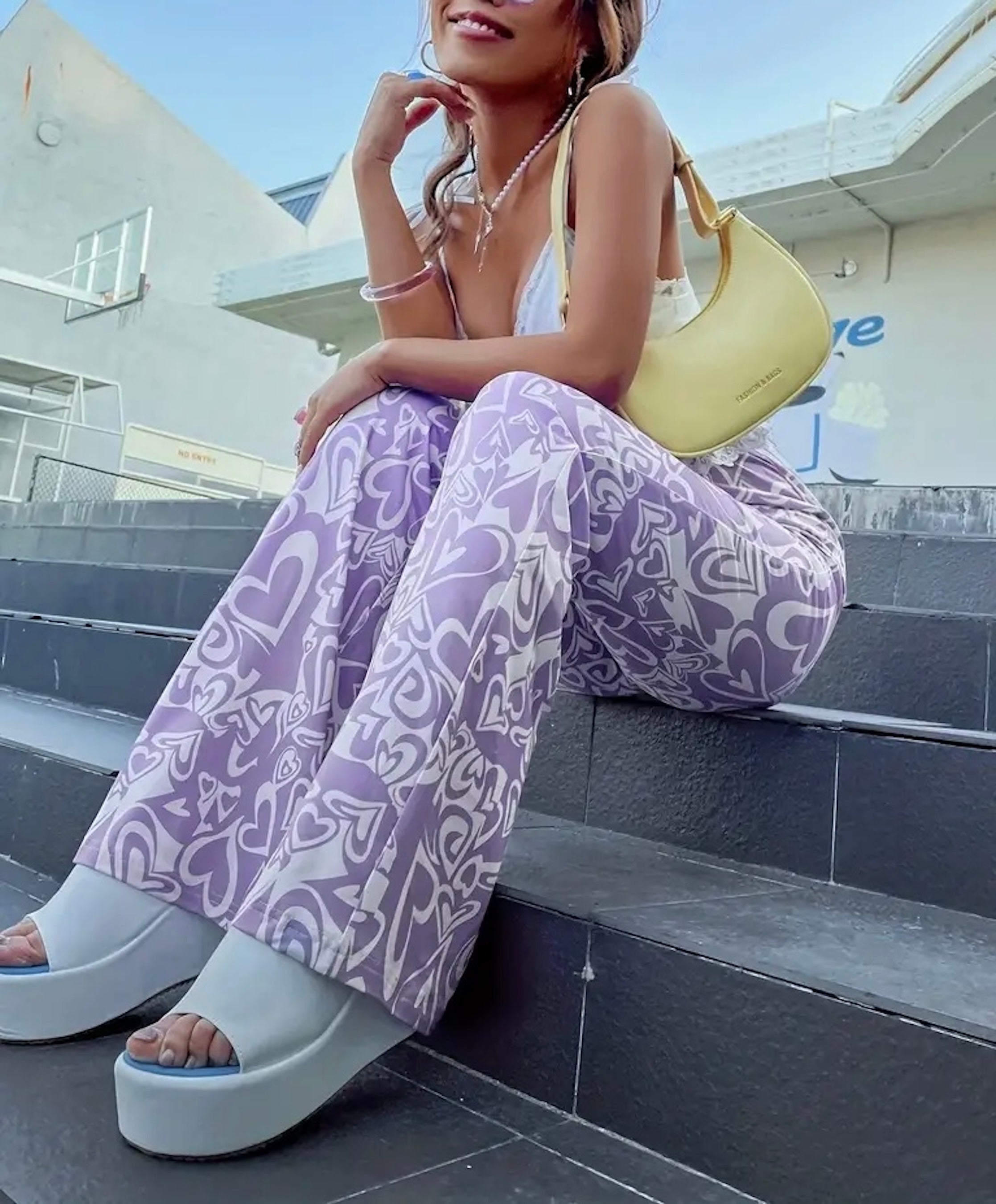 Clothes and You Heart Print Flare Leg Pants