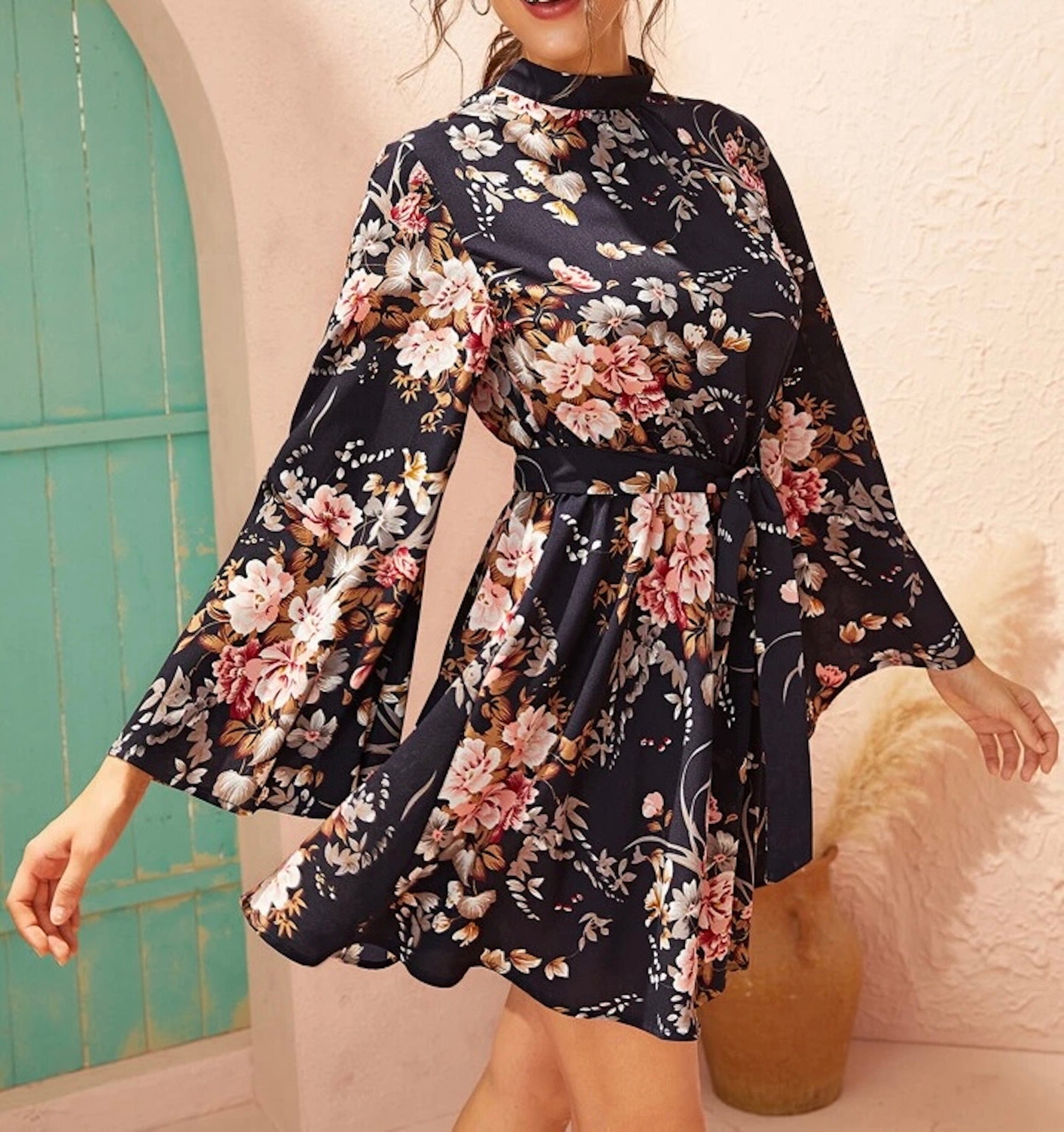 Clothes and You Tie Open Back Self Belted Floral Print Dress