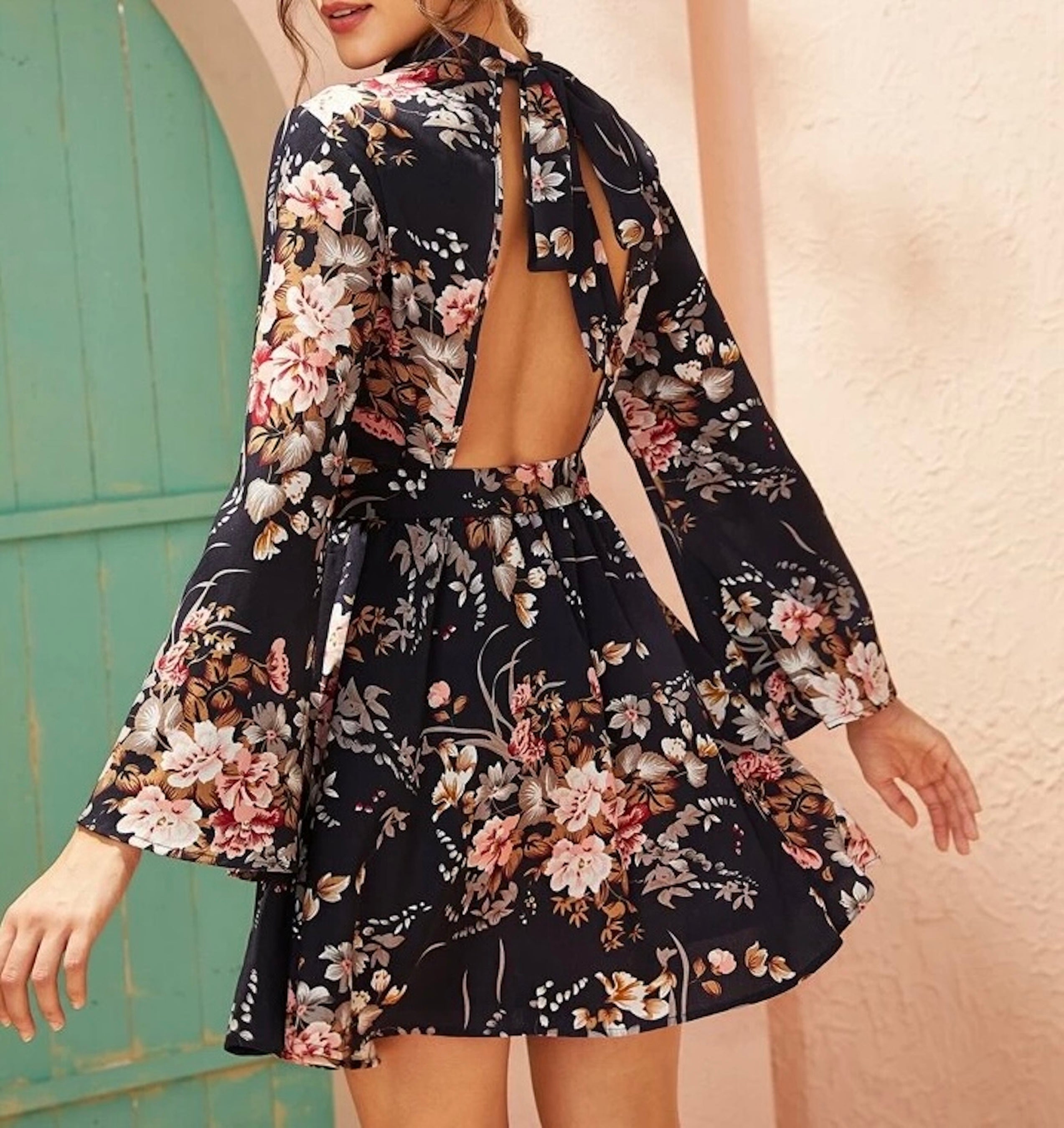 Clothes and You Tie Open Back Self Belted Floral Print Dress