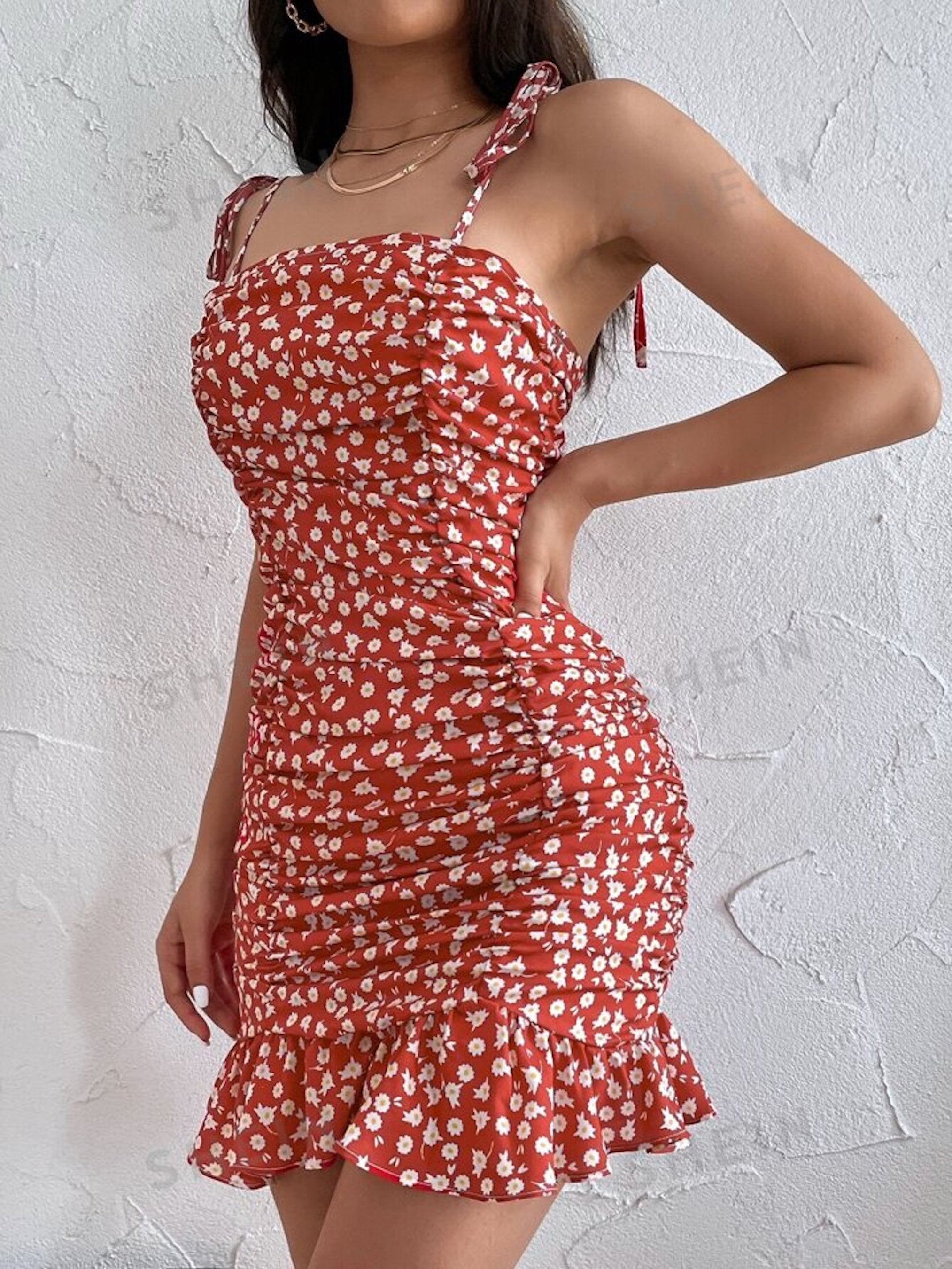 Ditsy Floral Tie Shoulder Ruched Dress - Clothes and You