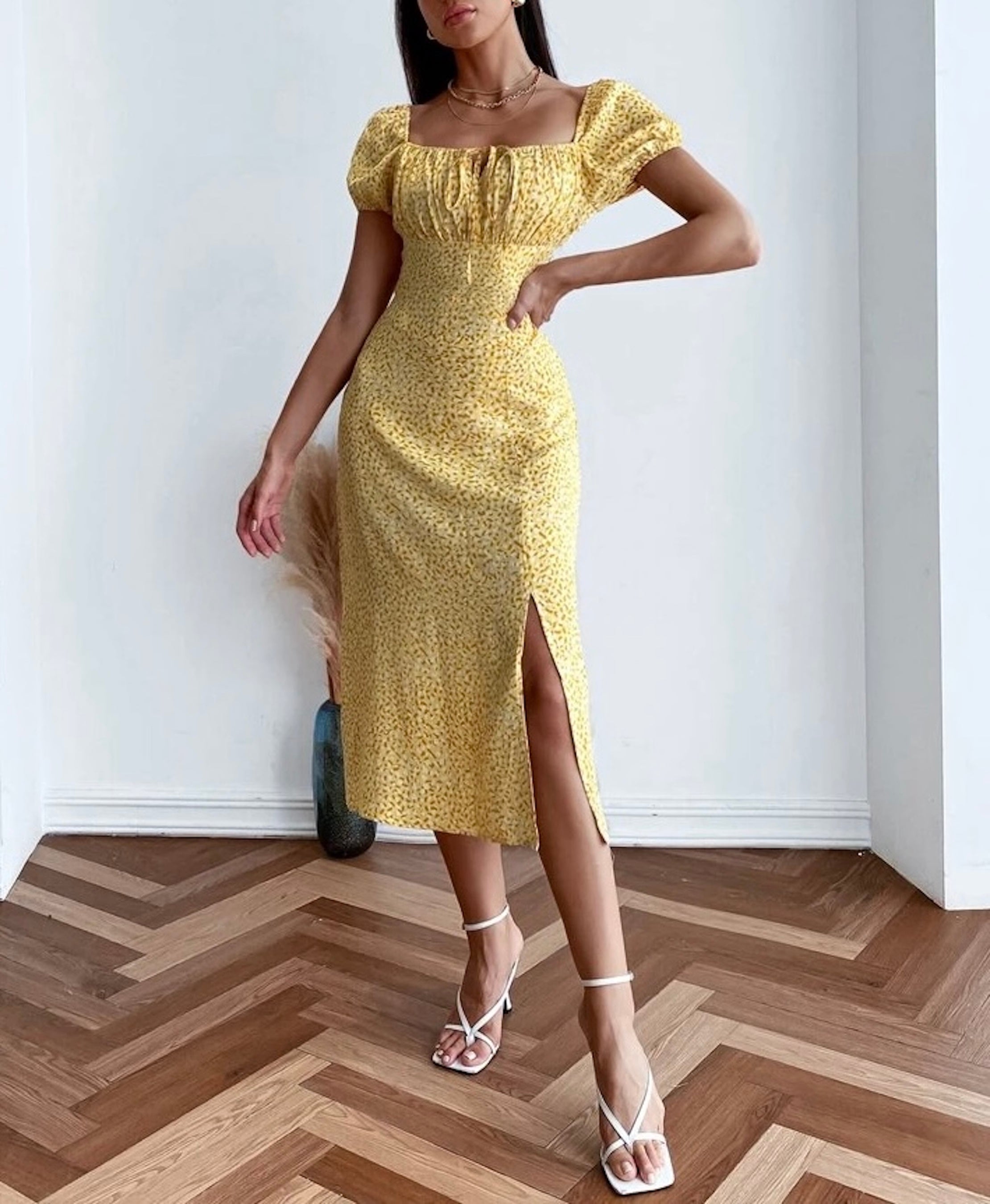 Allover Print Ruched Bust Milkmaid Dress- Clothes and You